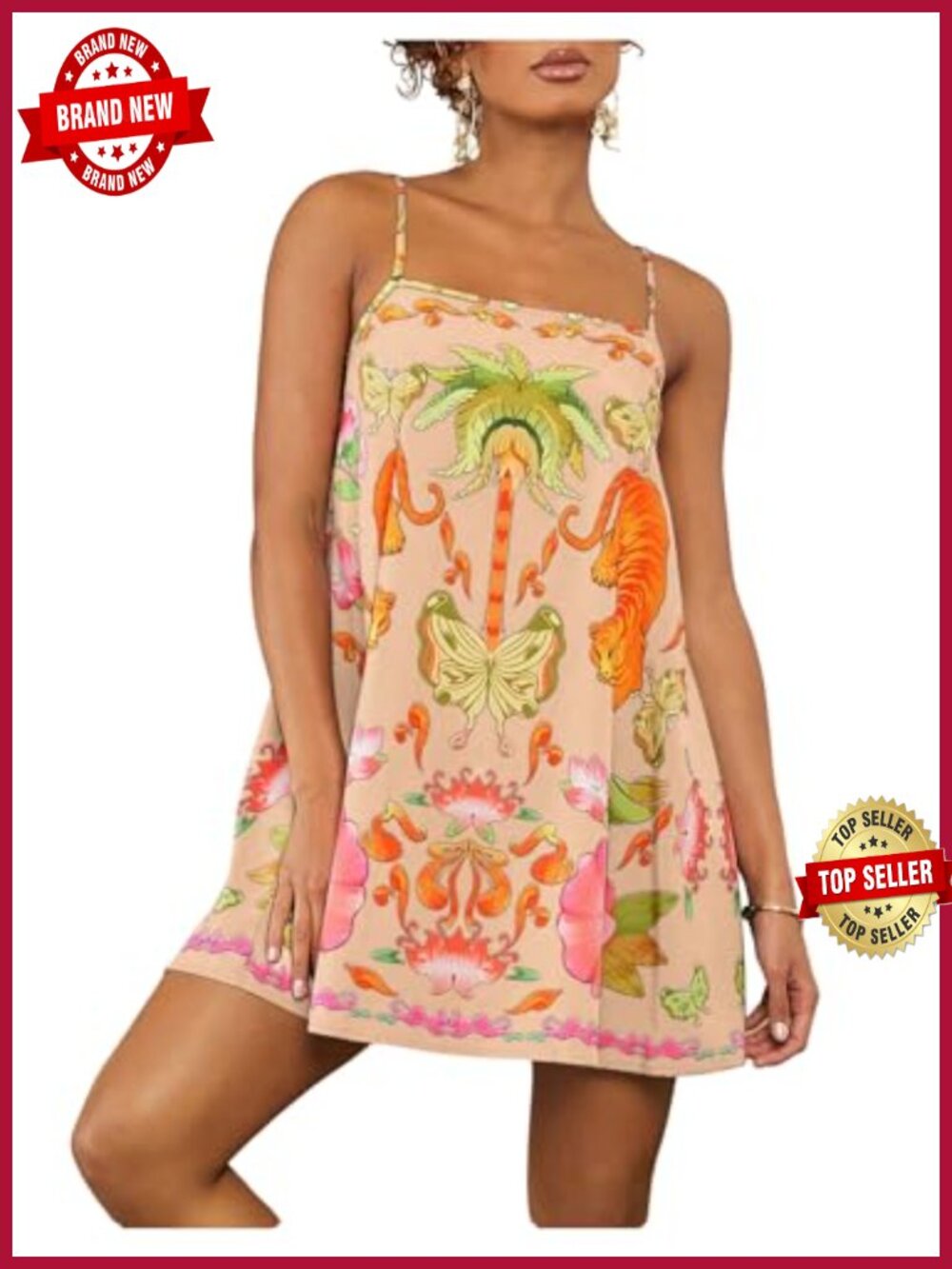 Tropical Sleeveless Cami A-Line Mini Dress Loose Fit Square Neck Backless - Picture 1 of 4